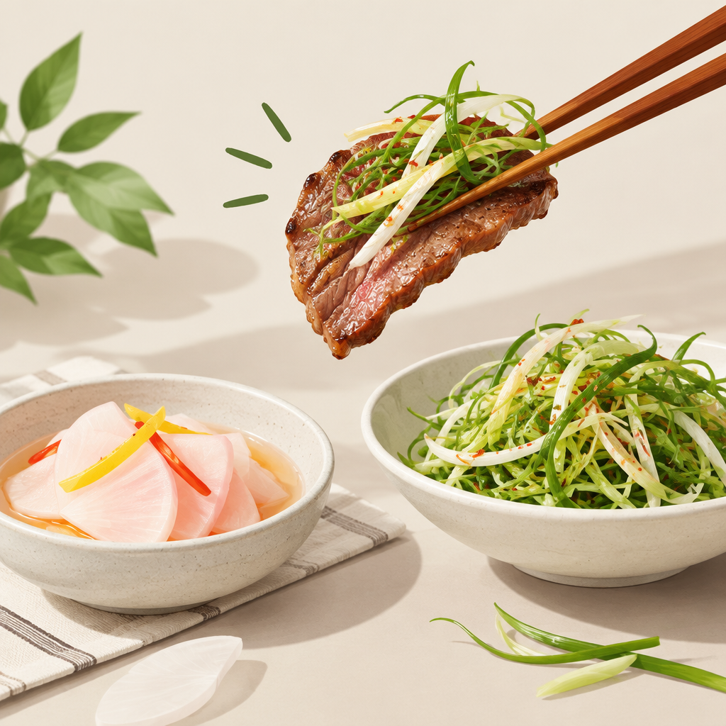 AI 생성 설명 이미지: 안산일동맛집 유니드정육식당 | 새콤한 곁들임이 고기 한입의 인상을 바꾸는 방식